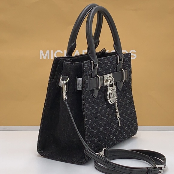 Michael Kors Hamilton Small Logo Embossed Washed Denim Satchel black color - Picture 2 of 15